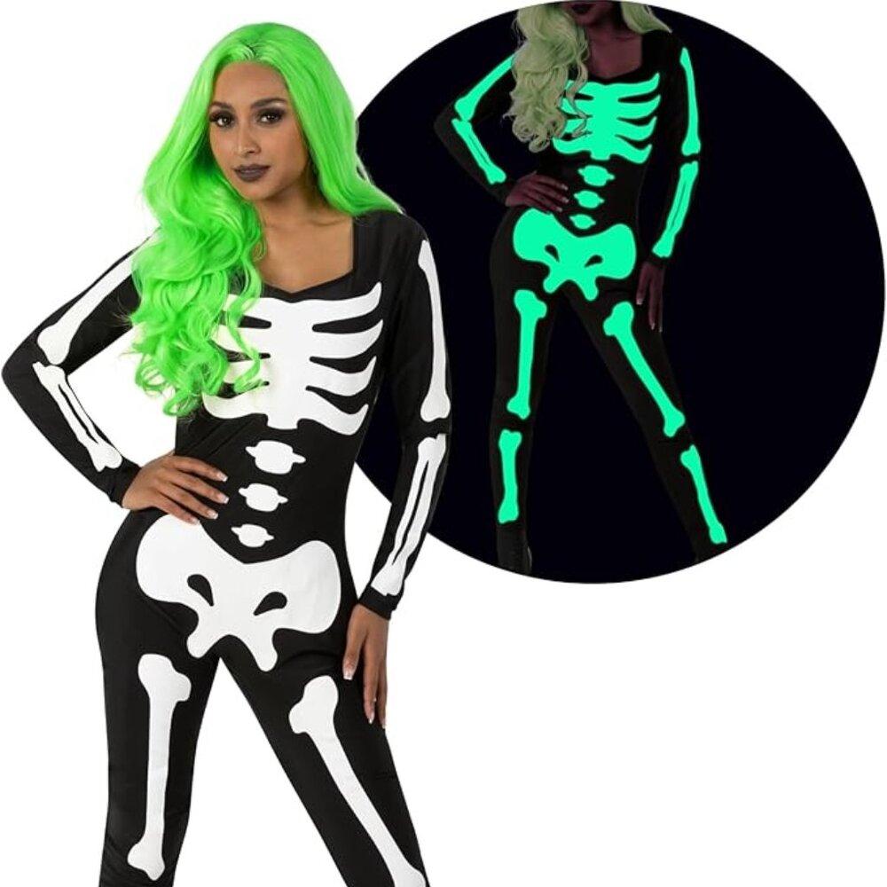Glow In Dark Skeleton Halloween Costume Ladies Med